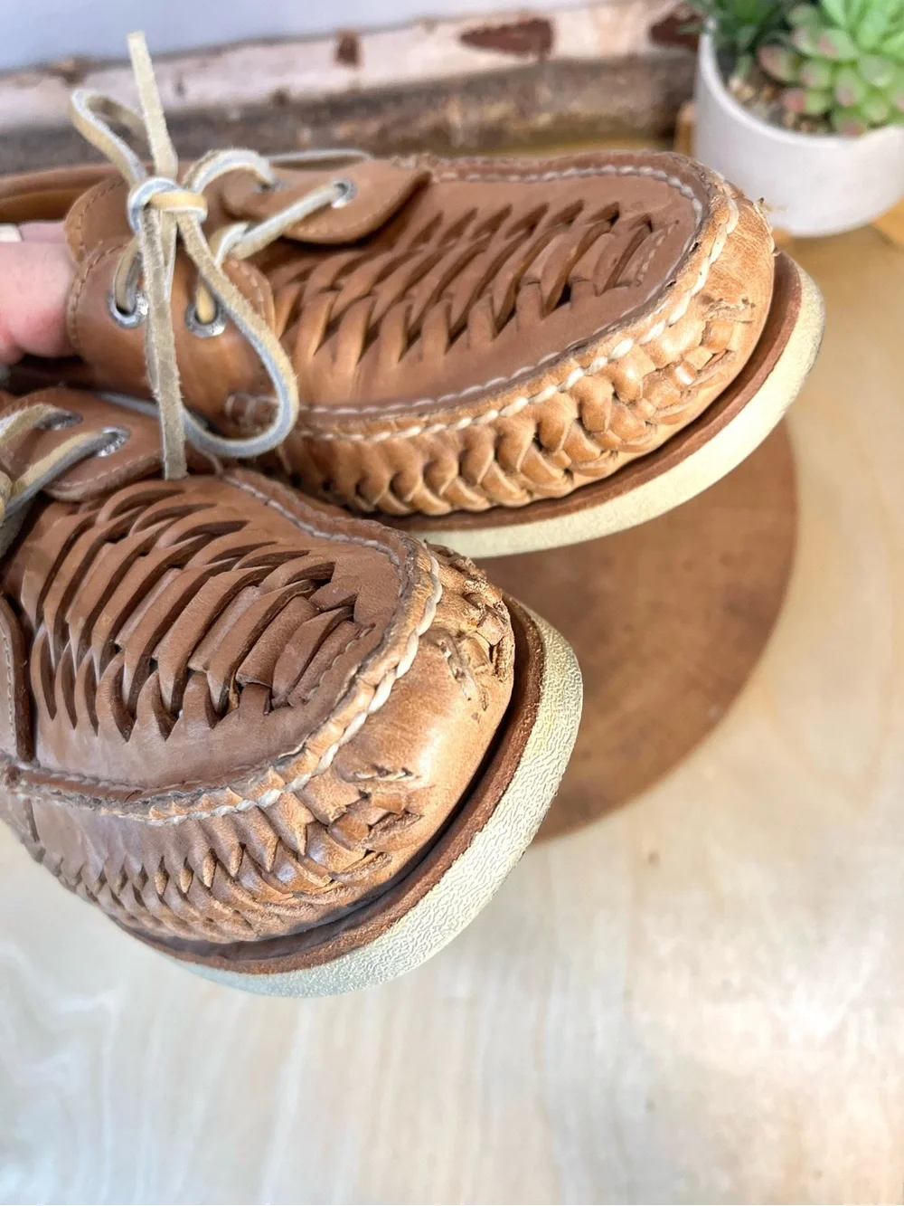 Sperry Gold Cup Tan Woven Leather Boat Shoes Size 9M Minty Clean
